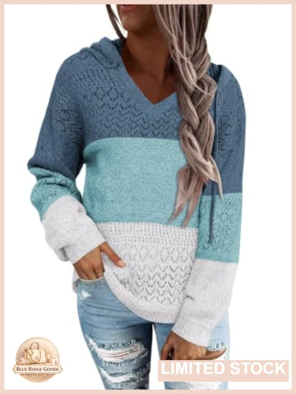 Striped Color Block V Neck Hoodie Knit Sweater Pullover